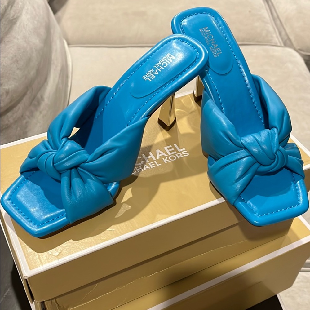 Michael Kors Elena Blue Heeled Sandals with Knot Detail, Leather